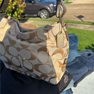 Coach Tan Signature Shoulder Bag with Leather Trim